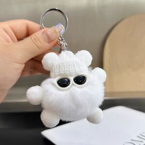 White Fluffy Key Holder with Sunglasses